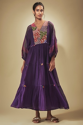 Purple Fine Chanderi Floral Hand Embroidered Gathered Dress by Half Full Curve
