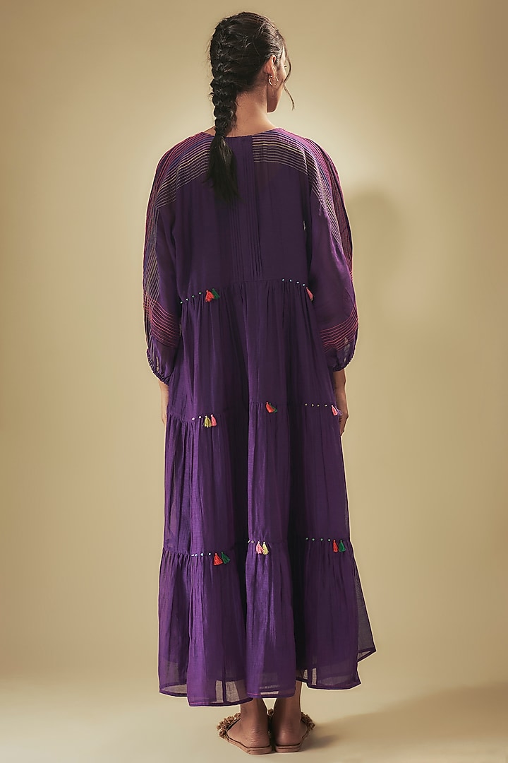 Purple Fine Chanderi Floral Hand Embroidered Gathered Vacation Dress by Half Full Curve at Pernia's Pop Up Shop