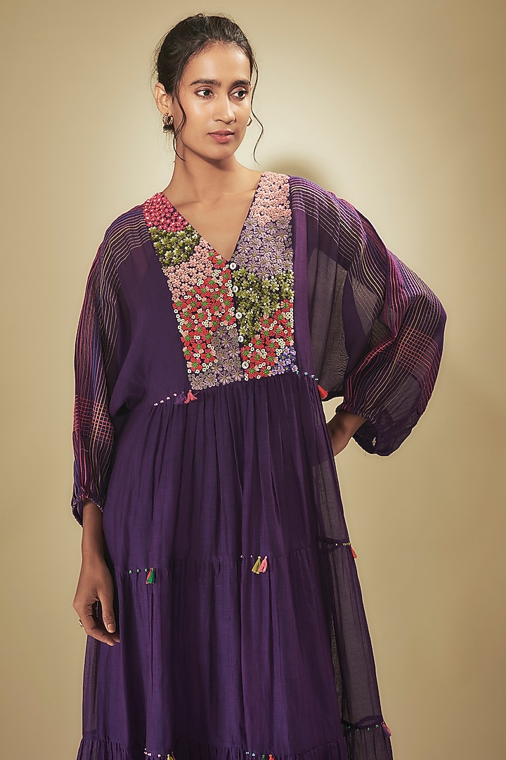 Purple Fine Chanderi Floral Hand Embroidered Gathered Vacation Dress by Half Full Curve at Pernia's Pop Up Shop