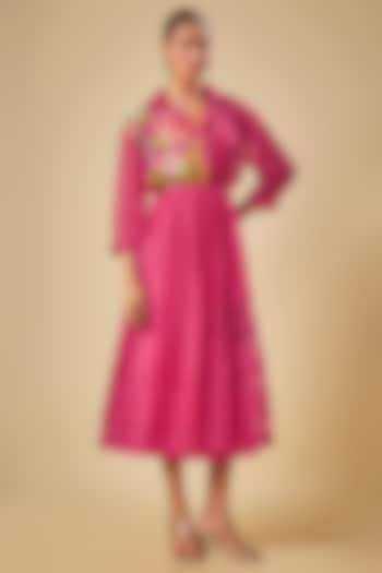 Pink Fine Chanderi Hand & Machine Embroidered Midi Vacation Dress by Half Full Curve at Pernia's Pop Up Shop