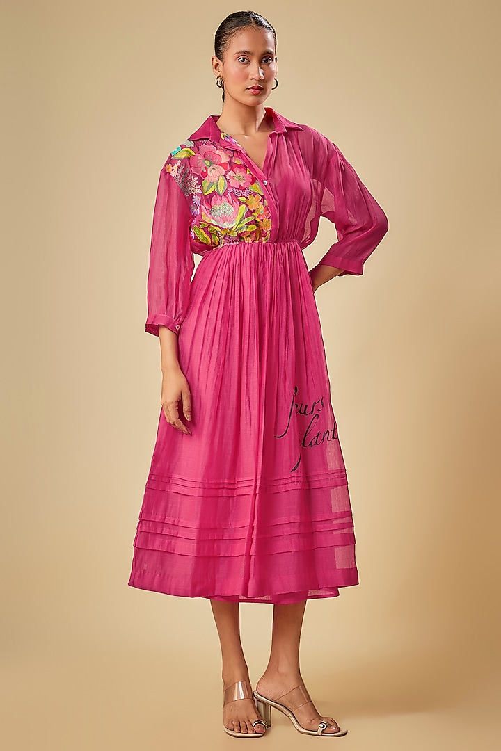 Pink Fine Chanderi Hand & Machine Embroidered Midi Vacation Dress by Half Full Curve at Pernia's Pop Up Shop