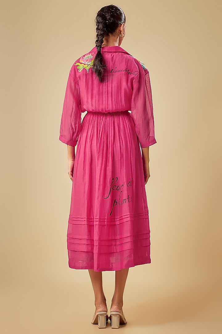 Pink Fine Chanderi Hand & Machine Embroidered Midi Vacation Dress by Half Full Curve at Pernia's Pop Up Shop