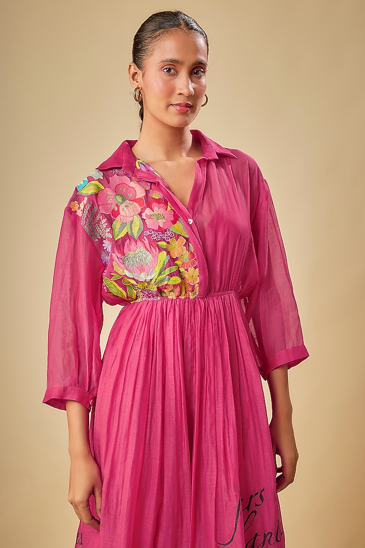Pink Fine Chanderi Hand & Machine Embroidered Midi Vacation Dress by Half Full Curve at Pernia's Pop Up Shop