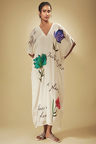 Ivory Crepe Chiffon Floral Hand Embroidered Kaftan With Inner by Half Full Curve
