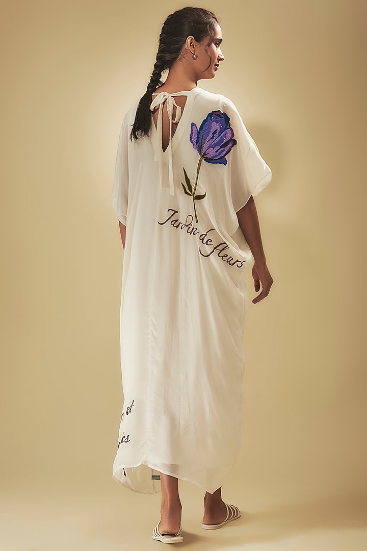 Ivory Crepe Chiffon Floral Hand Embroidered Kaftan With Inner by Half Full Curve at Pernia's Pop Up Shop