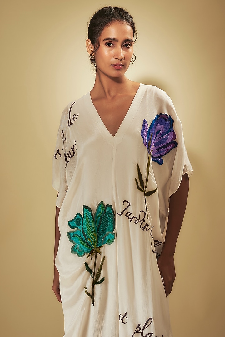 Ivory Crepe Chiffon Floral Hand Embroidered Kaftan With Inner by Half Full Curve at Pernia's Pop Up Shop