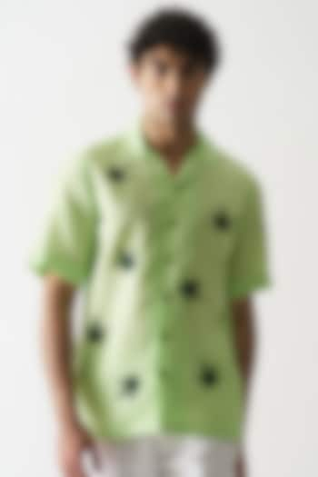 Fluorescent Green Pure Linen Hand Embroidered Shirt by House of Cultura