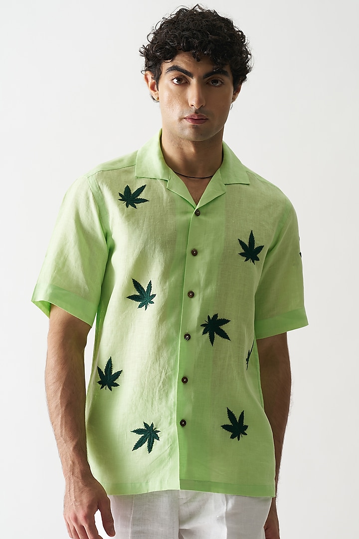 Fluorescent Green Pure Linen Hand Embroidered Shirt by House of Cultura