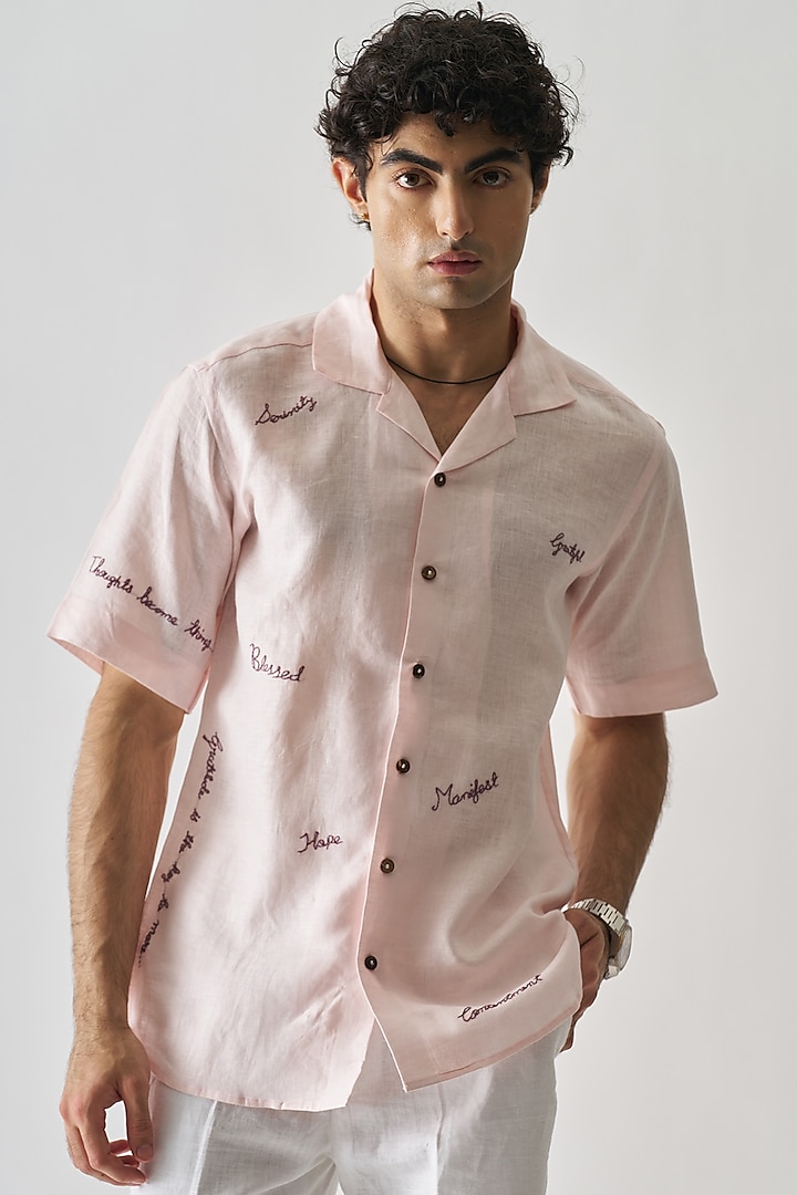 Light Pink Pure Linen Hand Embroidered Shirt by House of Cultura