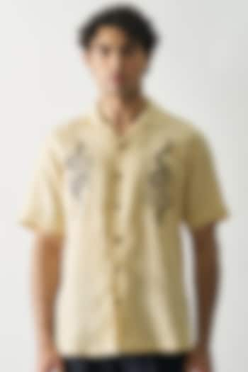 Yellowish Cream Pure Linen Hand Embroidered Shirt by House of Cultura