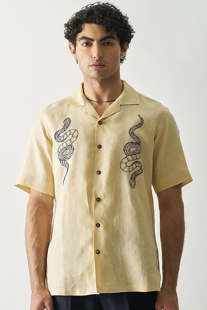 Yellowish Cream Pure Linen Hand Embroidered Shirt by House of Cultura