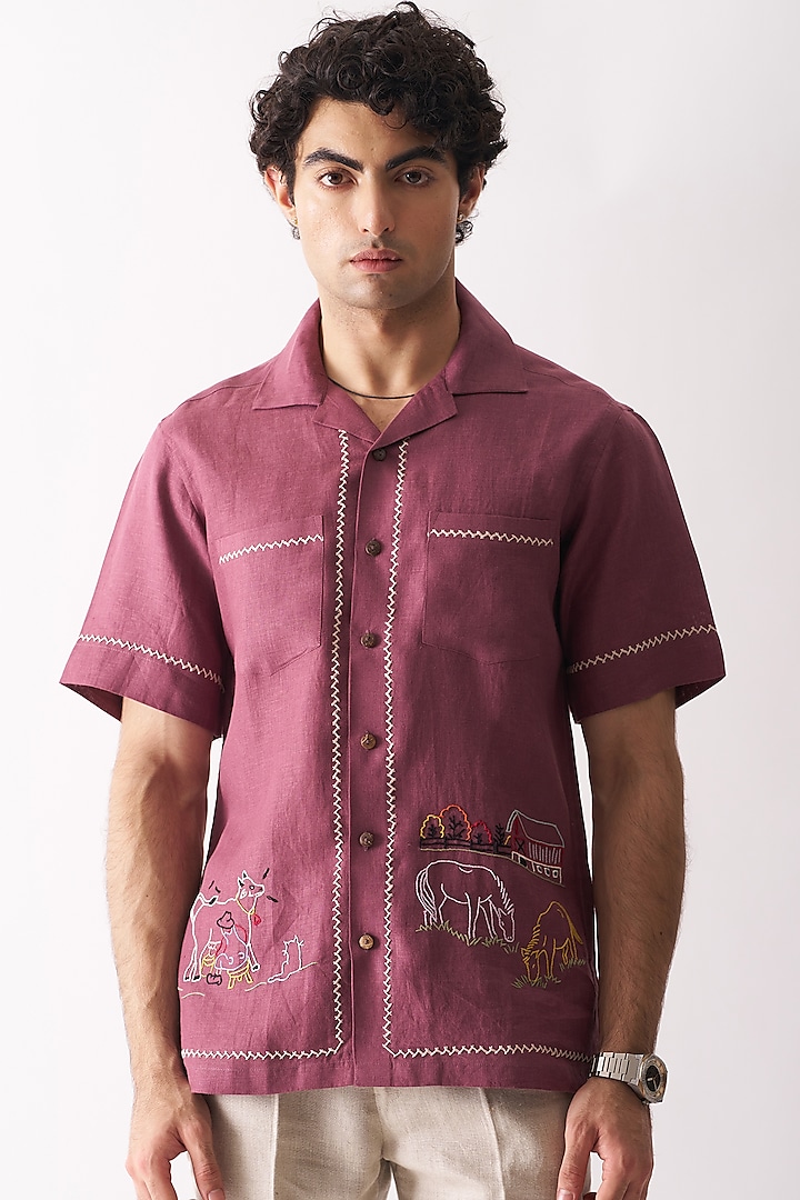 Wine Yard Pure Linen Hand Embroidered Shirt by House of Cultura