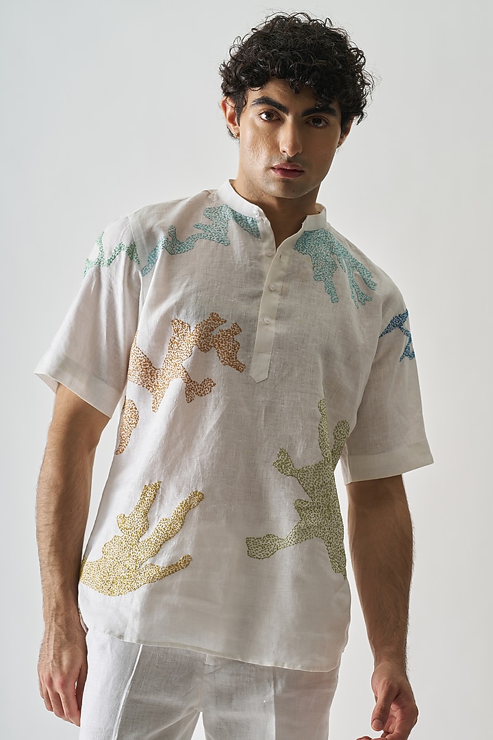 White Pure Linen Hand Embroidered Party Wear Shirt by House of Cultura at Pernia's Pop Up Shop