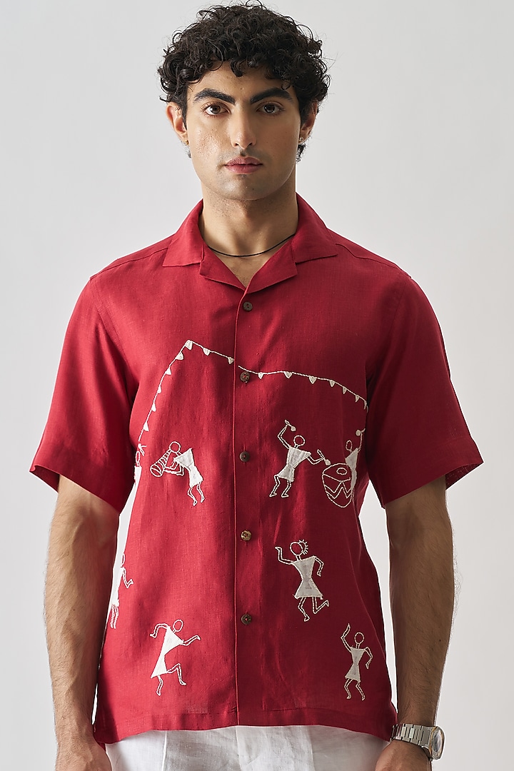 Maroon Pure Linen Hand Embroidered Shirt by House of Cultura