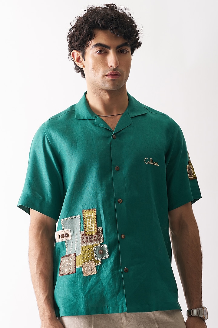 Green Pure Linen Hand Embroidered Shirt by House of Cultura