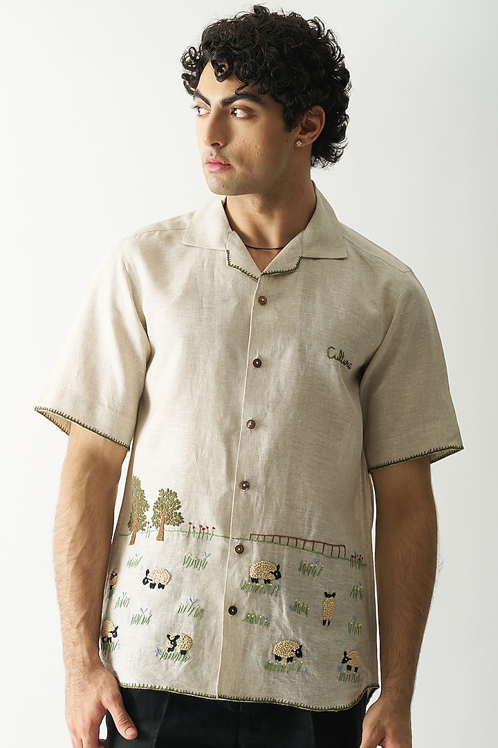 Beige Pure Linen Hand Embroidered Shirt by House of Cultura