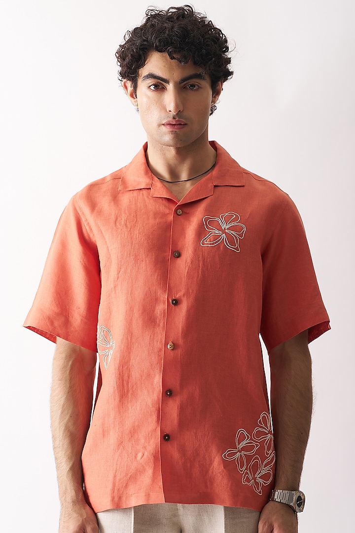 Orange Pure Linen Hand Embroidered Shirt by House of Cultura