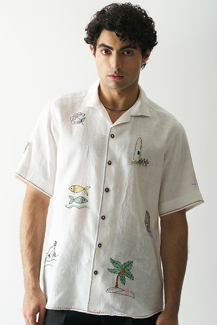 White Pure Linen Hand Embroidered Shirt by House of Cultura at Pernia's Pop Up Shop