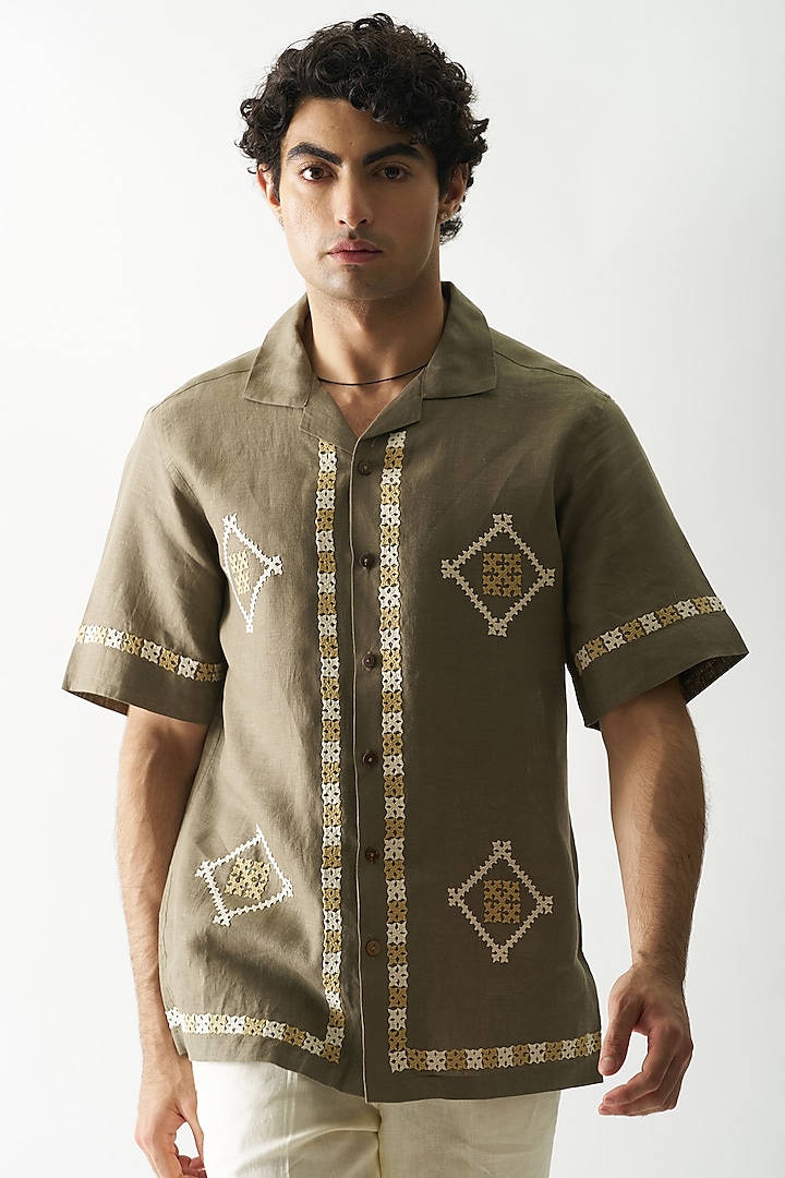 Olive Green Pure Linen Hand Embroidered Shirt by House of Cultura