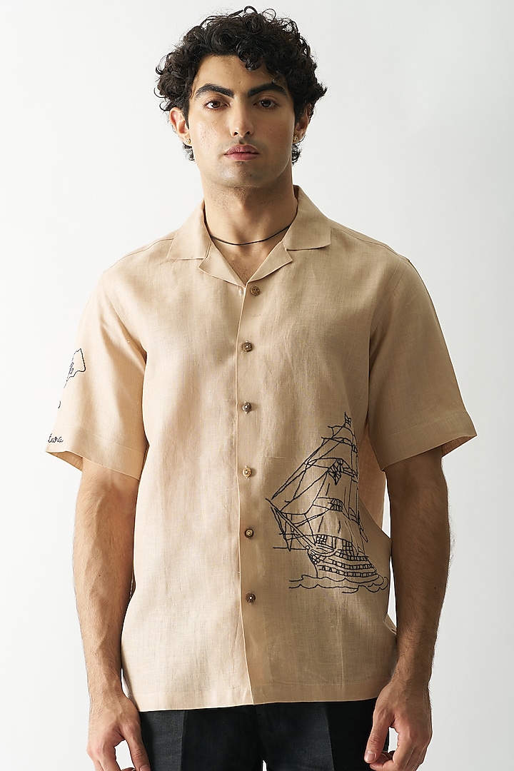 Swiss Coffee Pure Linen Hand Embroidered Shirt by House of Cultura