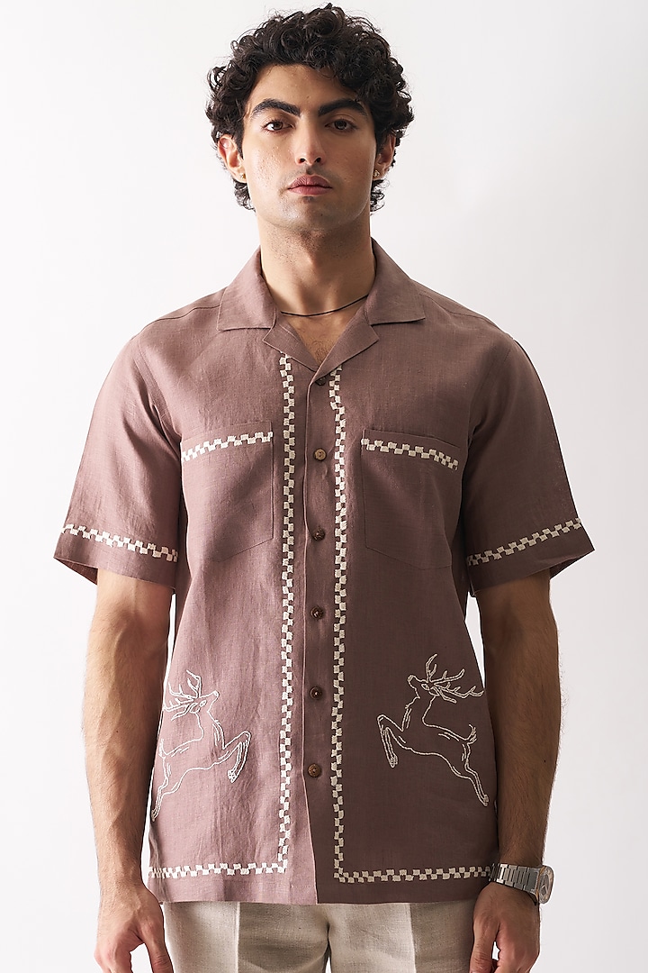 Coffee Brown Pure Linen Hand Embroidered Shirt by House of Cultura