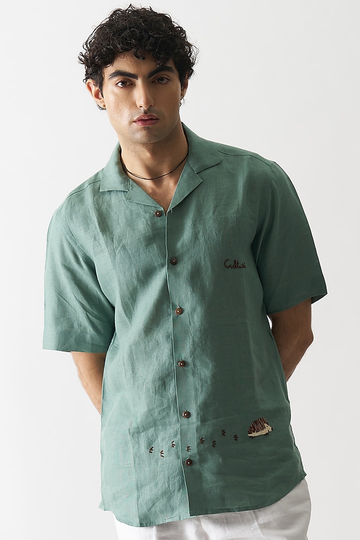 Green Pure Linen Hand Embroidered Shirt by House of Cultura