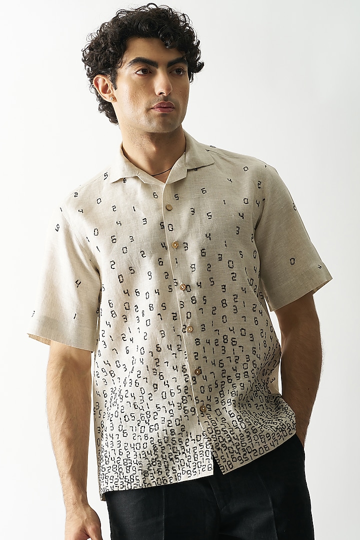 Beige Pure Linen Hand Embroidered Shirt by House of Cultura