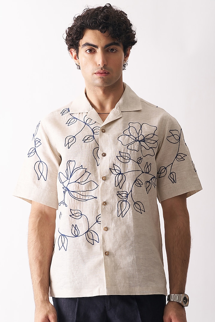 Beige Pure Linen Hand Embroidered Shirt by House of Cultura