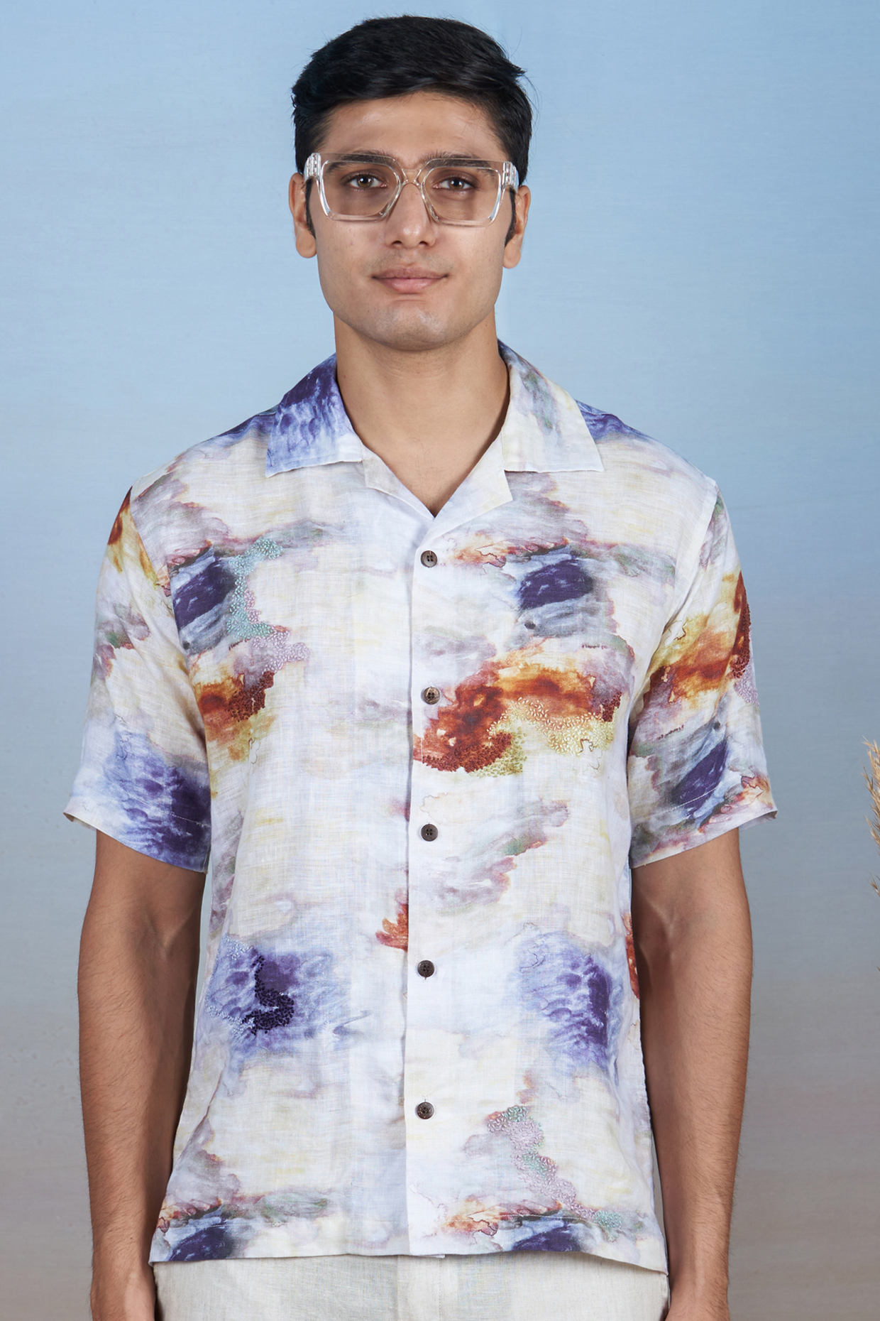 Multi-Colored Pure Linen Hand Embroidered & Digital Printed Shirt by House of Cultura