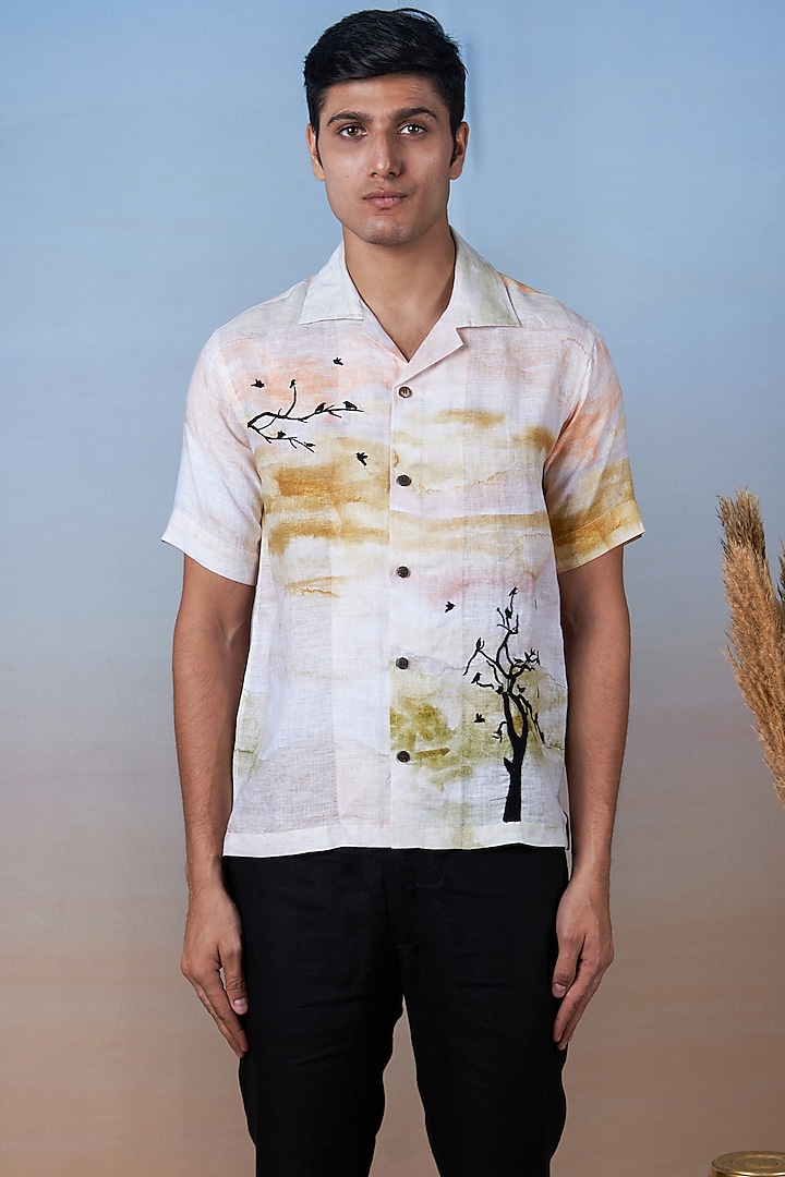 Multi-Colored Pure Linen Hand Embroidered & Digital Printed Shirt by House of Cultura