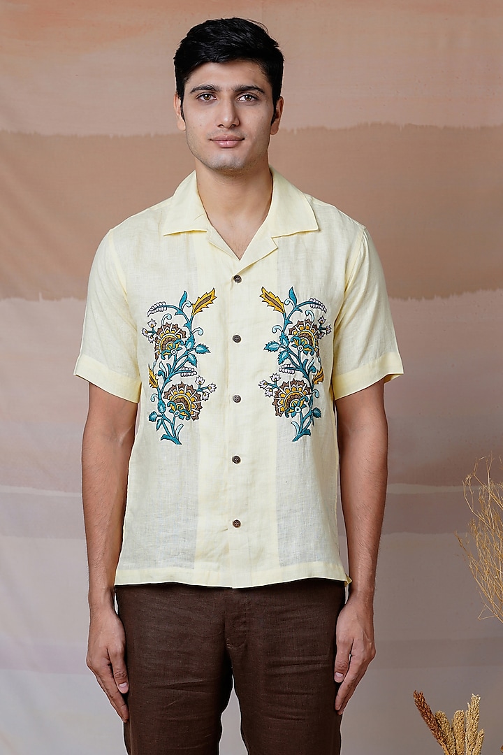 Yellowish Cream Pure Linen Hand Embroidered Shirt by House of Cultura