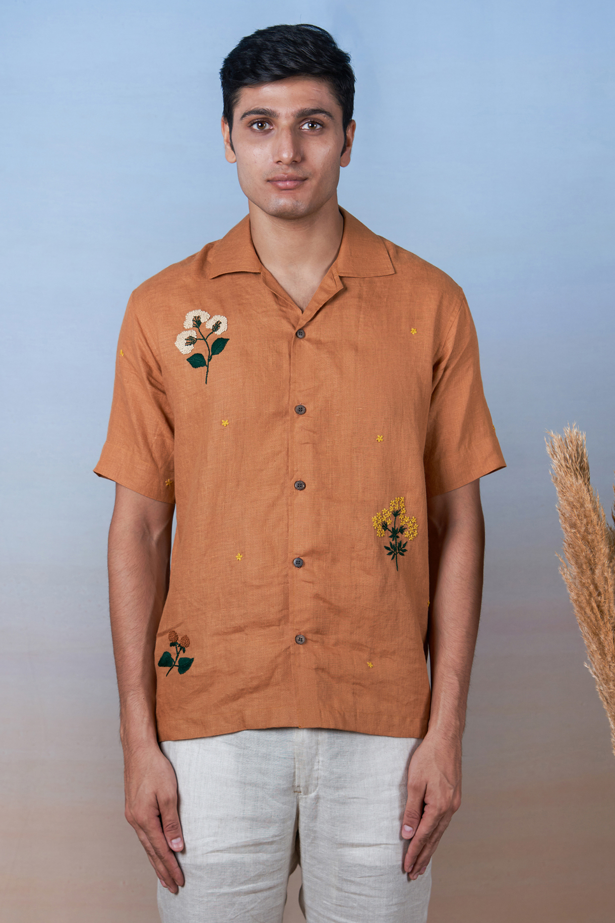 Ochre Pure Linen Hand Embroidered Shirt by House of Cultura