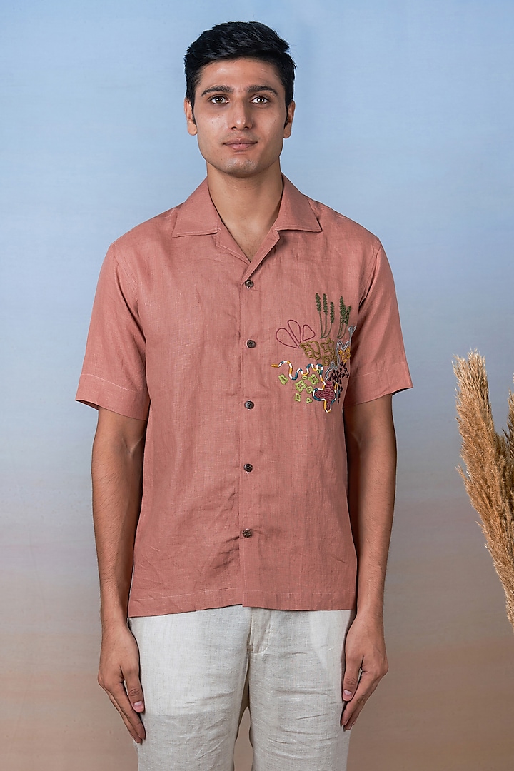 Terracotta Pure Linen Hand Embroidered Shirt by House of Cultura