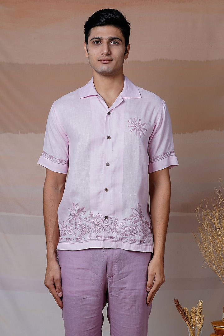 Pink Pure Linen Hand Embroidered Shirt by House of Cultura