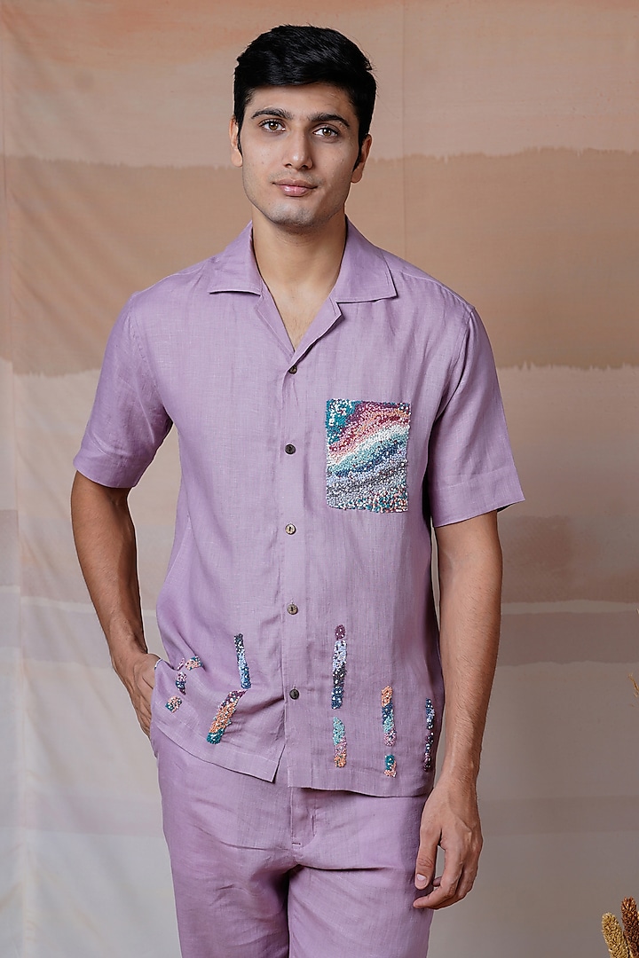 Lilac Pure Linen Hand Embroidered Shirt by House of Cultura