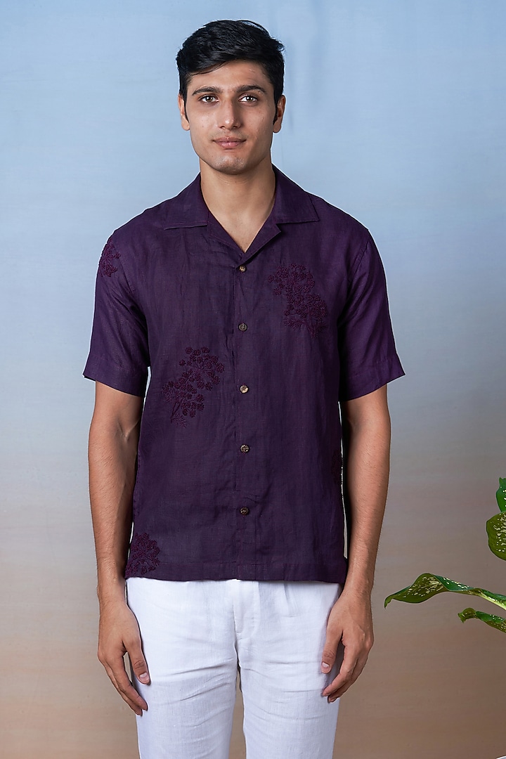 Purple Pure Linen Hand Embroidered Shirt by House of Cultura