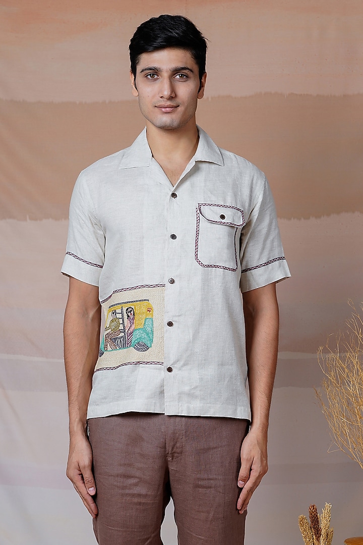 Beige Pure Linen Hand Embroidered Shirt by House of Cultura