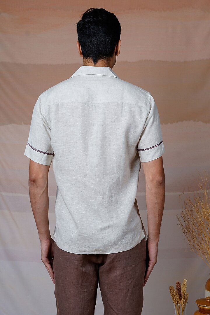 Beige Pure Linen Hand Embroidered Summer Shirt by House of Cultura at Pernia's Pop Up Shop