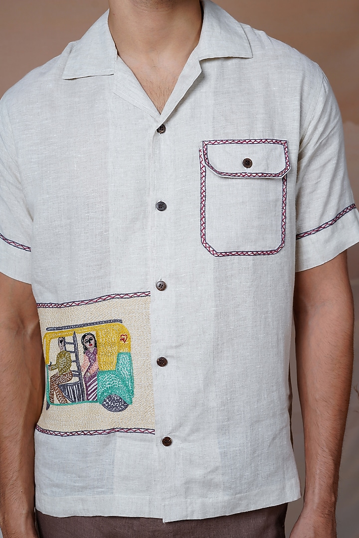 Beige Pure Linen Hand Embroidered Summer Shirt by House of Cultura at Pernia's Pop Up Shop