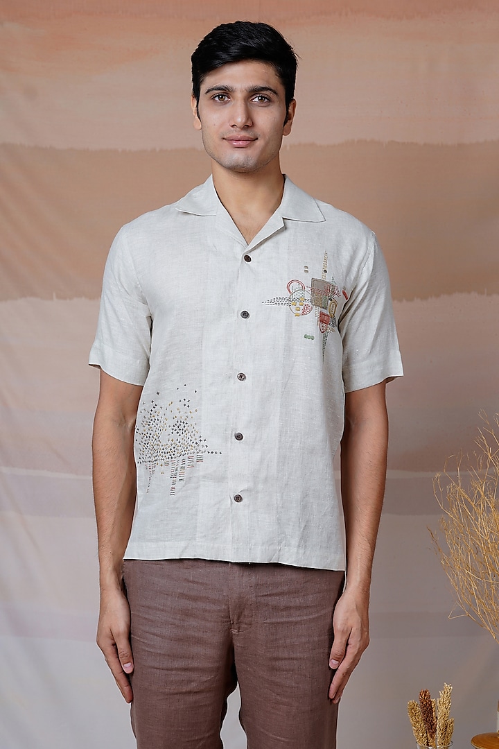 Beige Pure Linen Hand Embroidered Shirt by House of Cultura