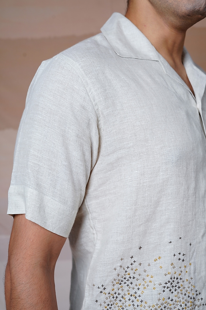 Beige Pure Linen Hand Embroidered Summer Shirt by House of Cultura at Pernia's Pop Up Shop