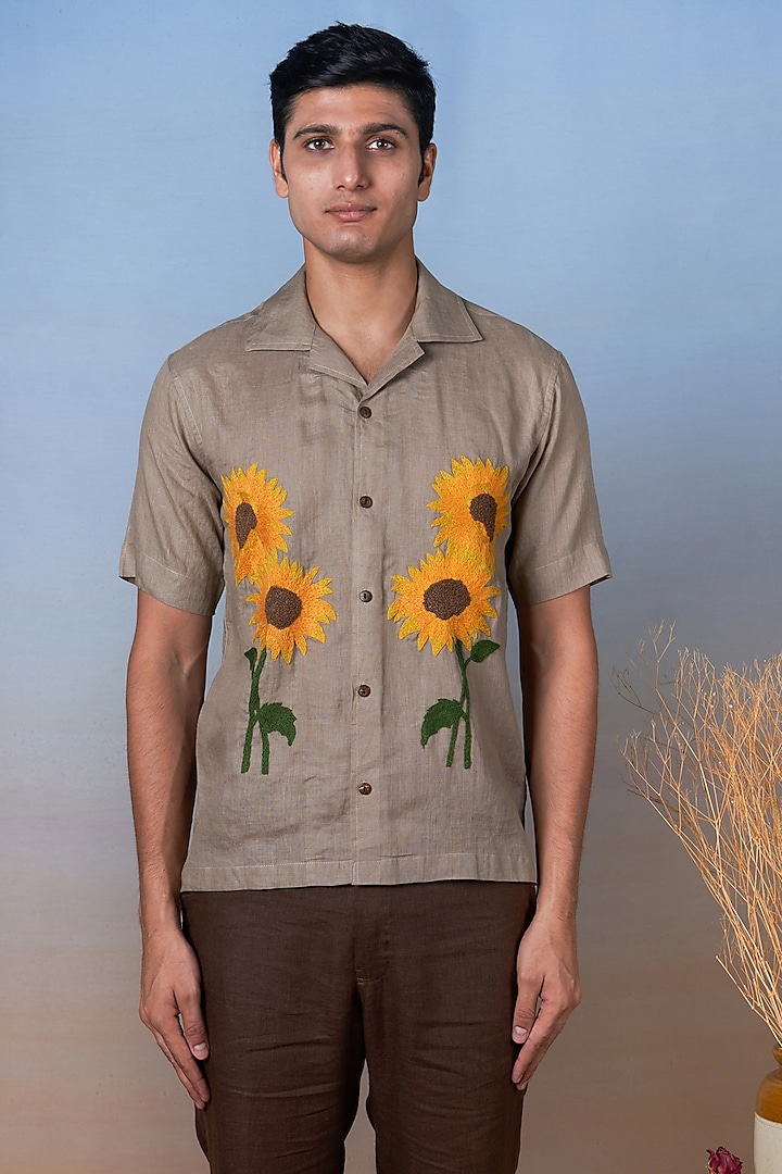 Olive Green Pure Linen Hand Embroidered Shirt by House of Cultura