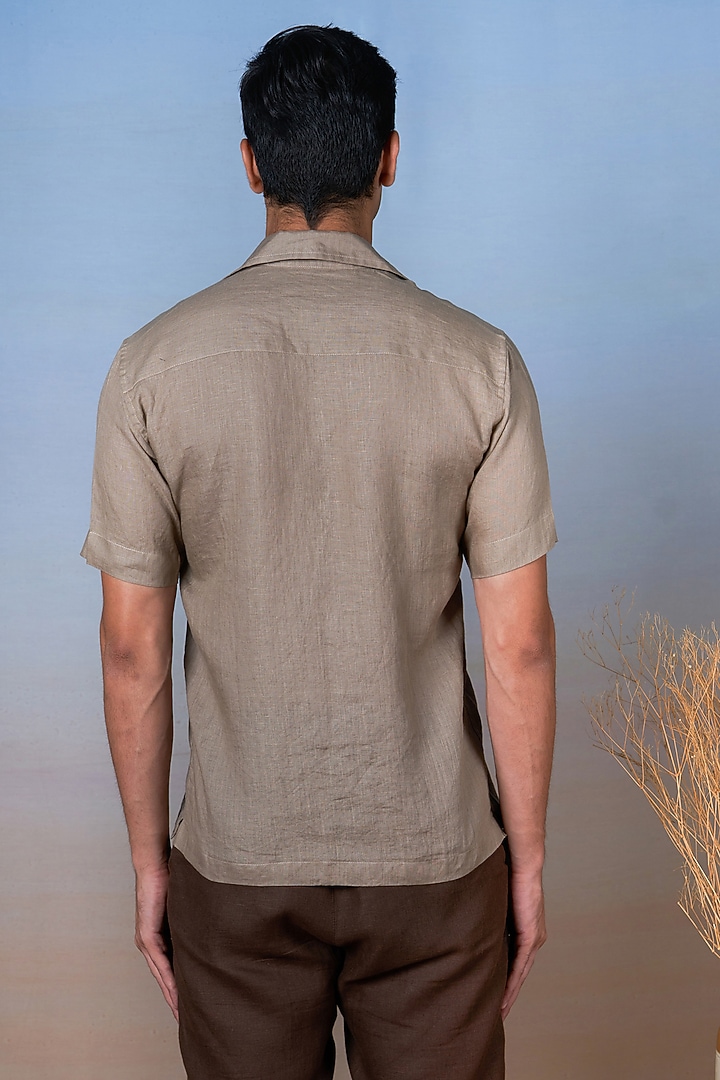 Olive Green Pure Linen Hand Embroidered Party Wear Shirt by House of Cultura at Pernia's Pop Up Shop
