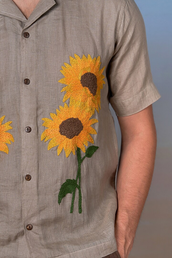 Olive Green Pure Linen Hand Embroidered Party Wear Shirt by House of Cultura at Pernia's Pop Up Shop