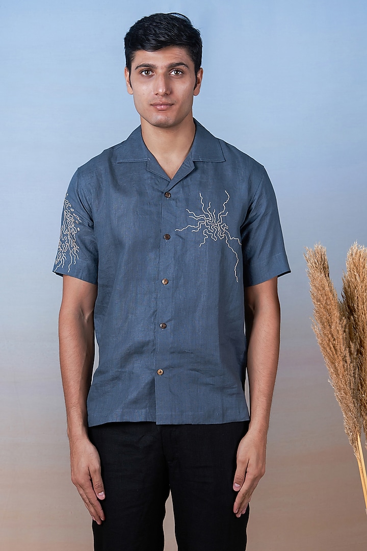 Grey Pure Linen Hand Embroidered Shirt by House of Cultura