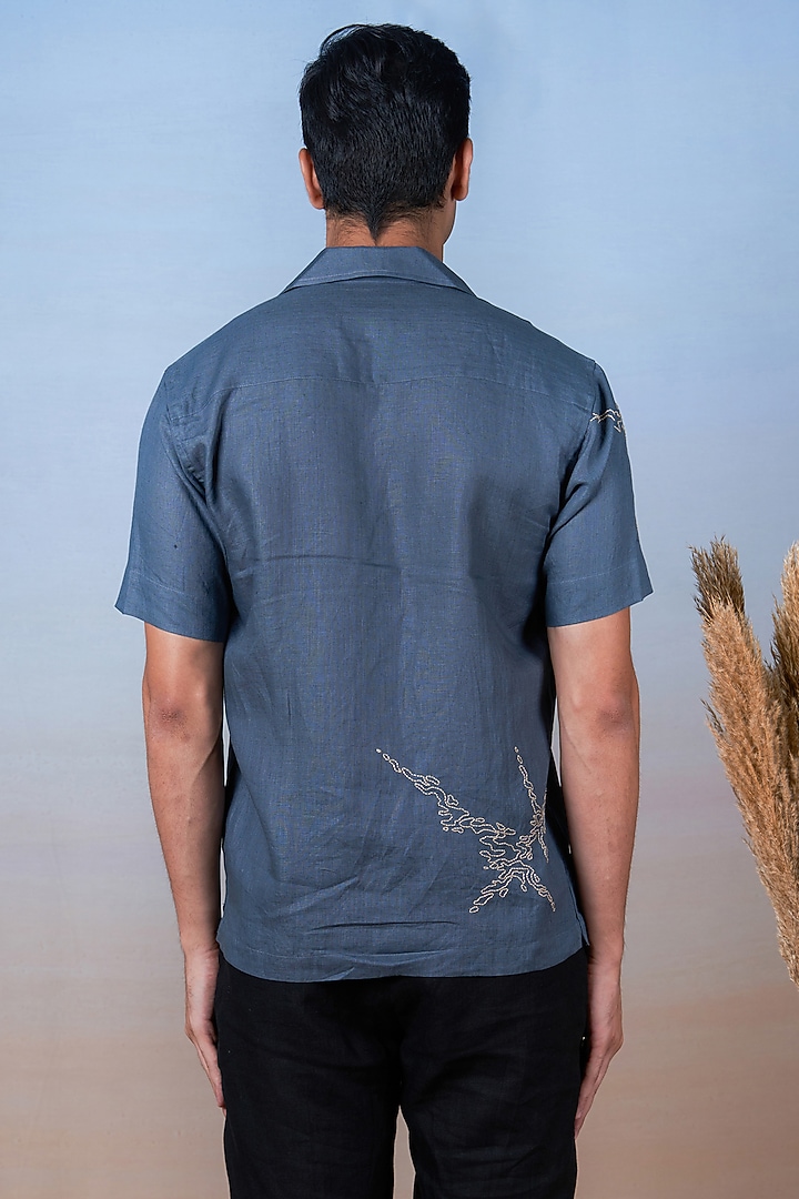 Grey Pure Linen Hand Embroidered Summer Shirt by House of Cultura at Pernia's Pop Up Shop