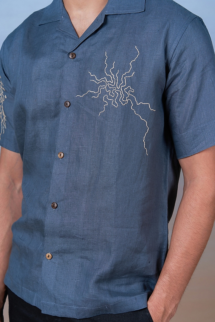 Grey Pure Linen Hand Embroidered Summer Shirt by House of Cultura at Pernia's Pop Up Shop