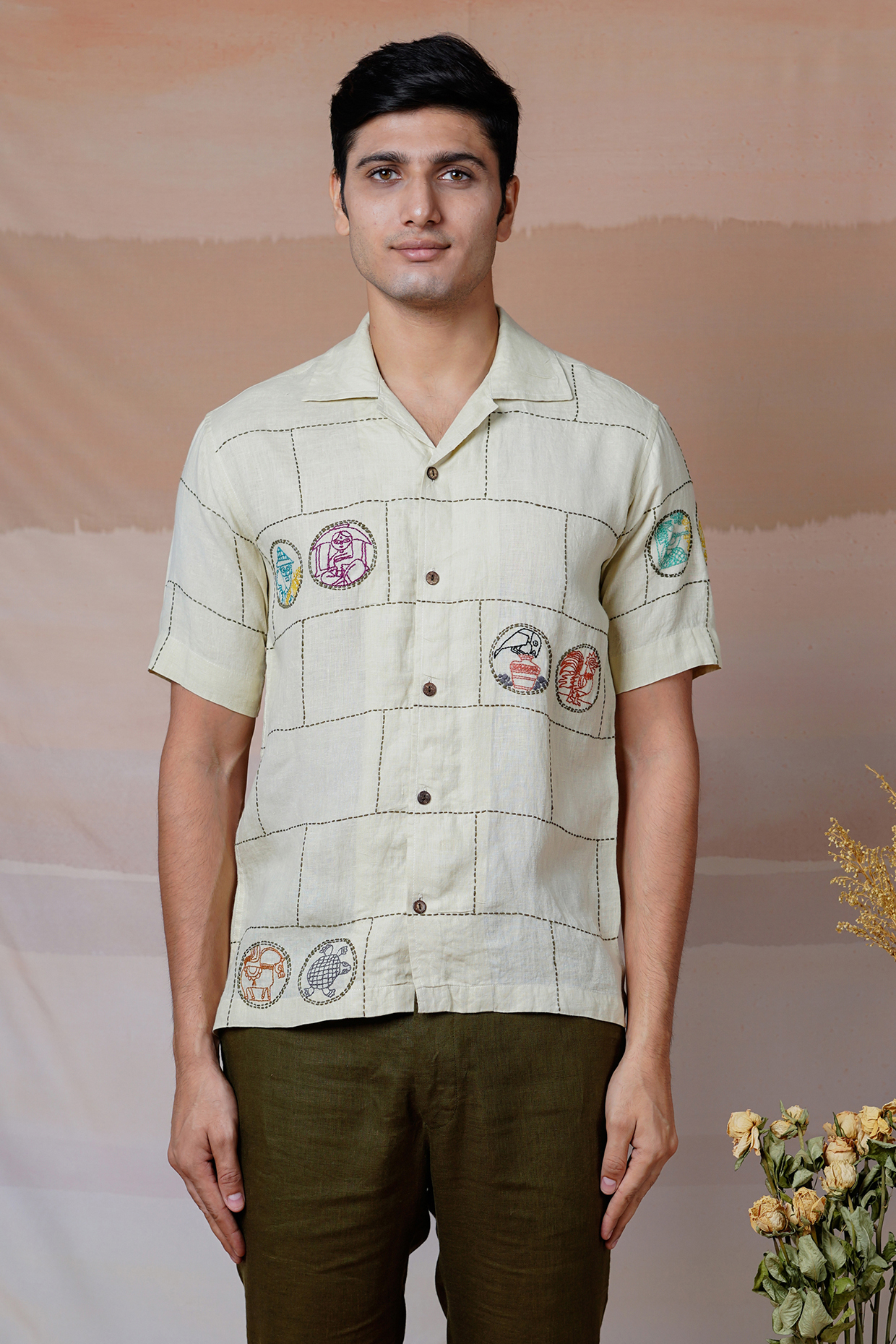 Ivory Pure Linen Hand Embroidered Shirt by House of Cultura