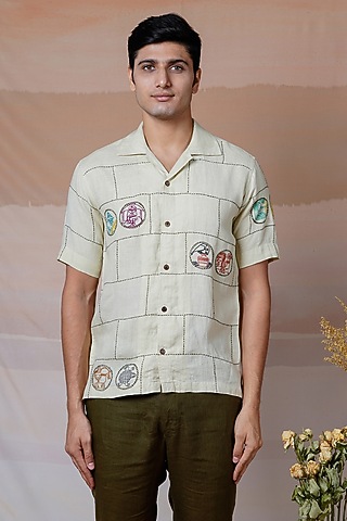 Ivory Pure Linen Hand Embroidered Shirt by House of Cultura