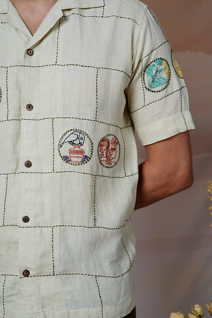 Ivory Pure Linen Hand Embroidered Summer Shirt by House of Cultura at Pernia's Pop Up Shop